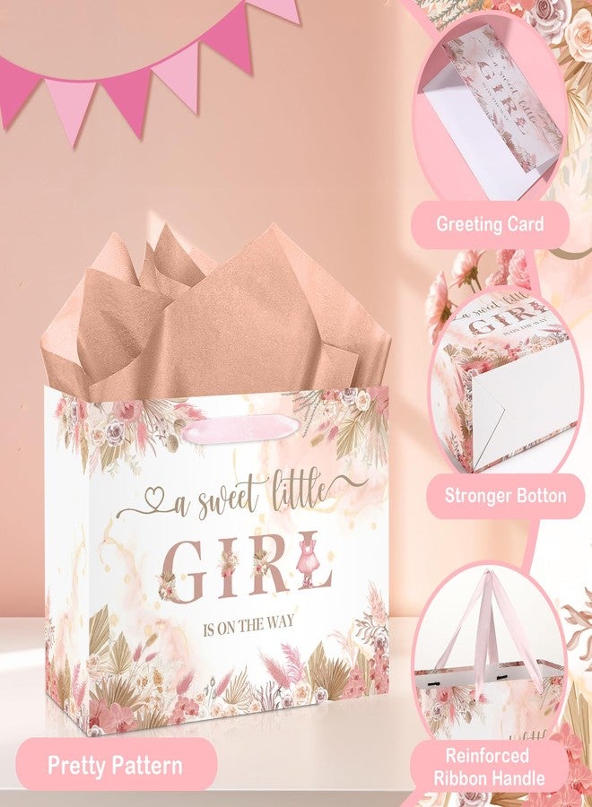Wayyogh Baby Shower Paper Bag, Pink Floral Sweet Baby Girl Gift Bag with Tissue Paper and Card Boho Dried Flowers Wrap Bag with Handle for Baby Shower Birthday Gender Reveal Party Favors Decorations Supplies - Image 5